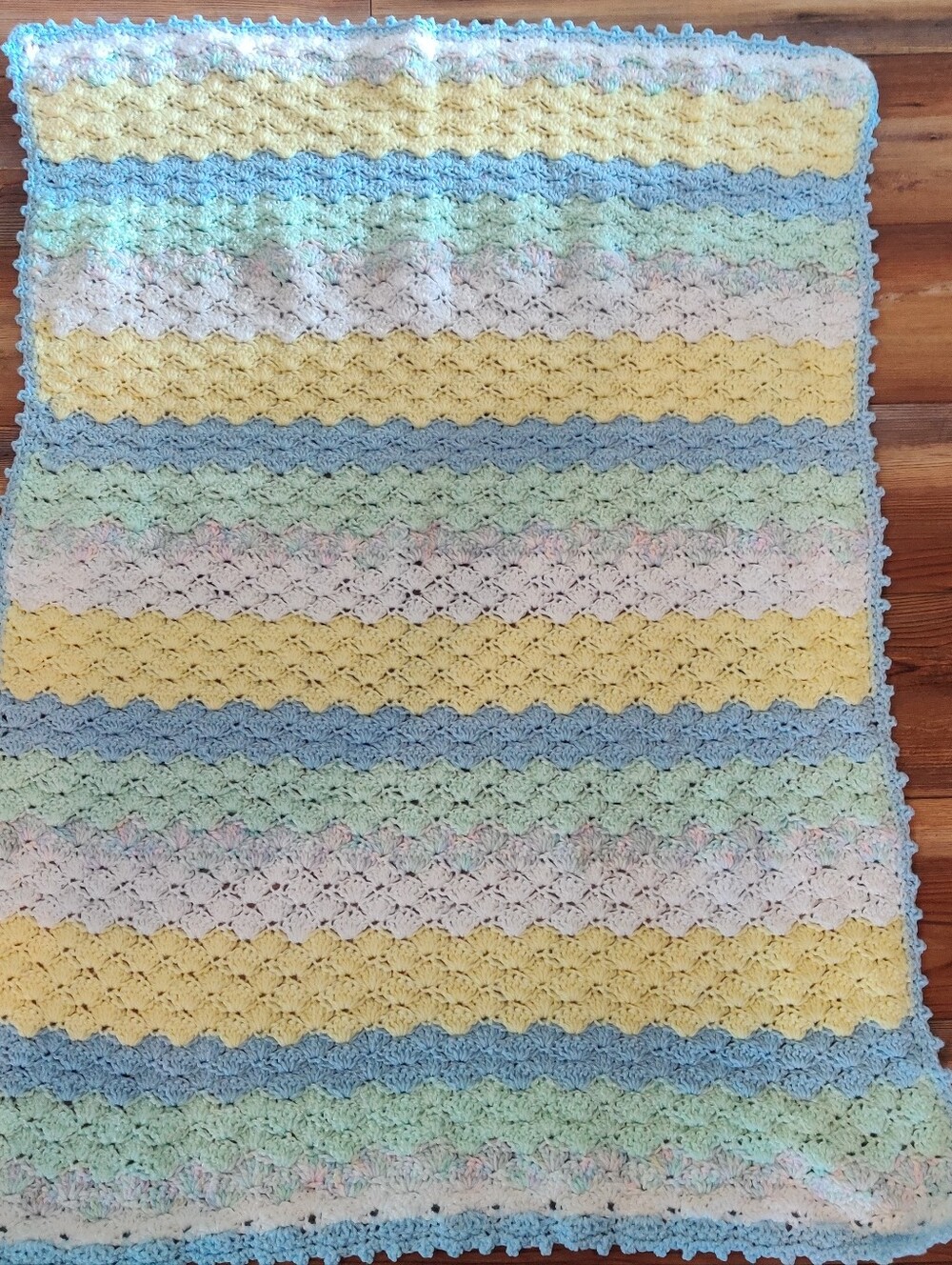 Handmade Baby Blanket Crochet Knit Vintage Blue Yellow Green 36 X 26 Striped